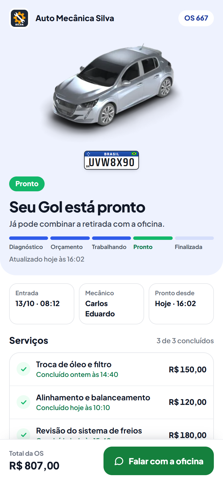 Página de acompanhamento no celular: o carro está pronto, com os serviços concluídos, o total da OS e o botão para falar com a oficina