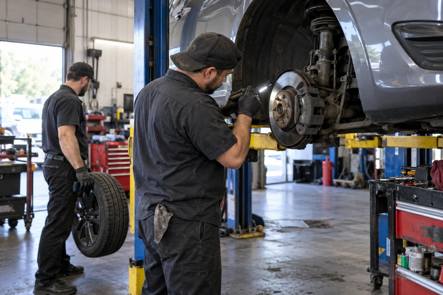 A technician inspects the brake assembly of a vehicle on a lift