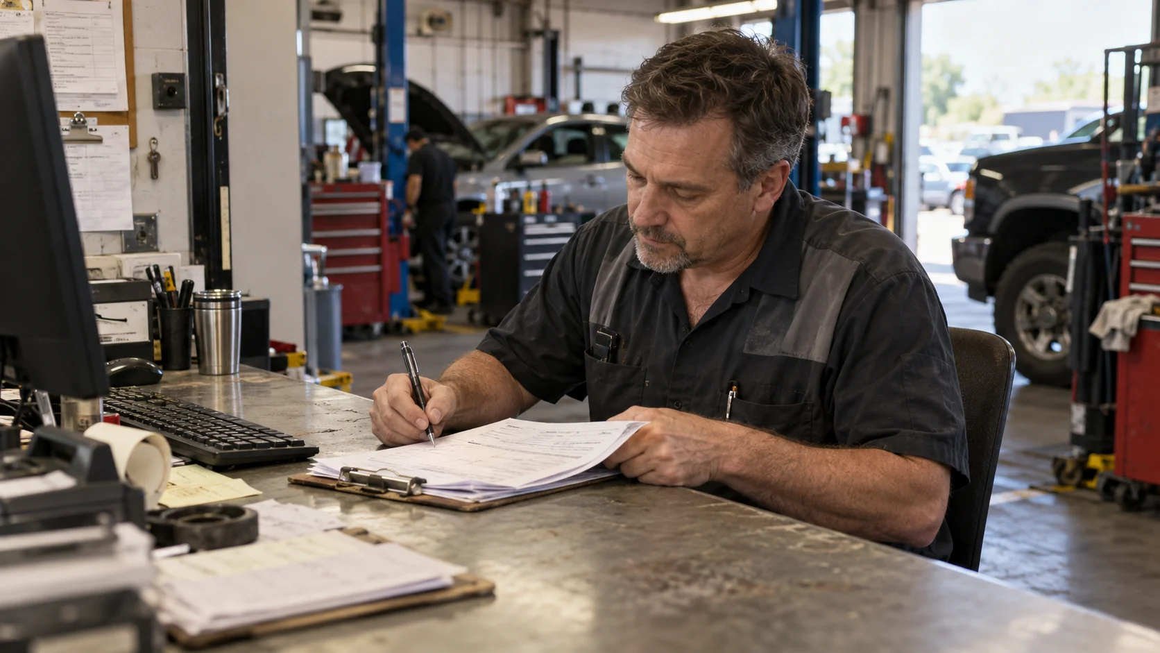 An auto repair shop owner fills out a work order at the service counter