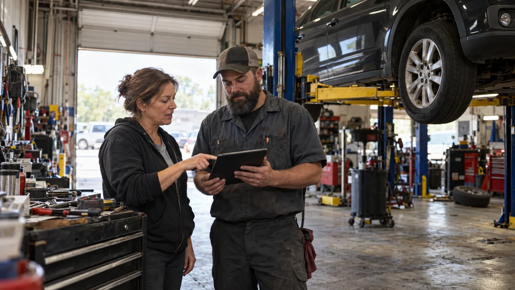 A woman shop owner and technician review a tablet beside a vehicle in a working garage