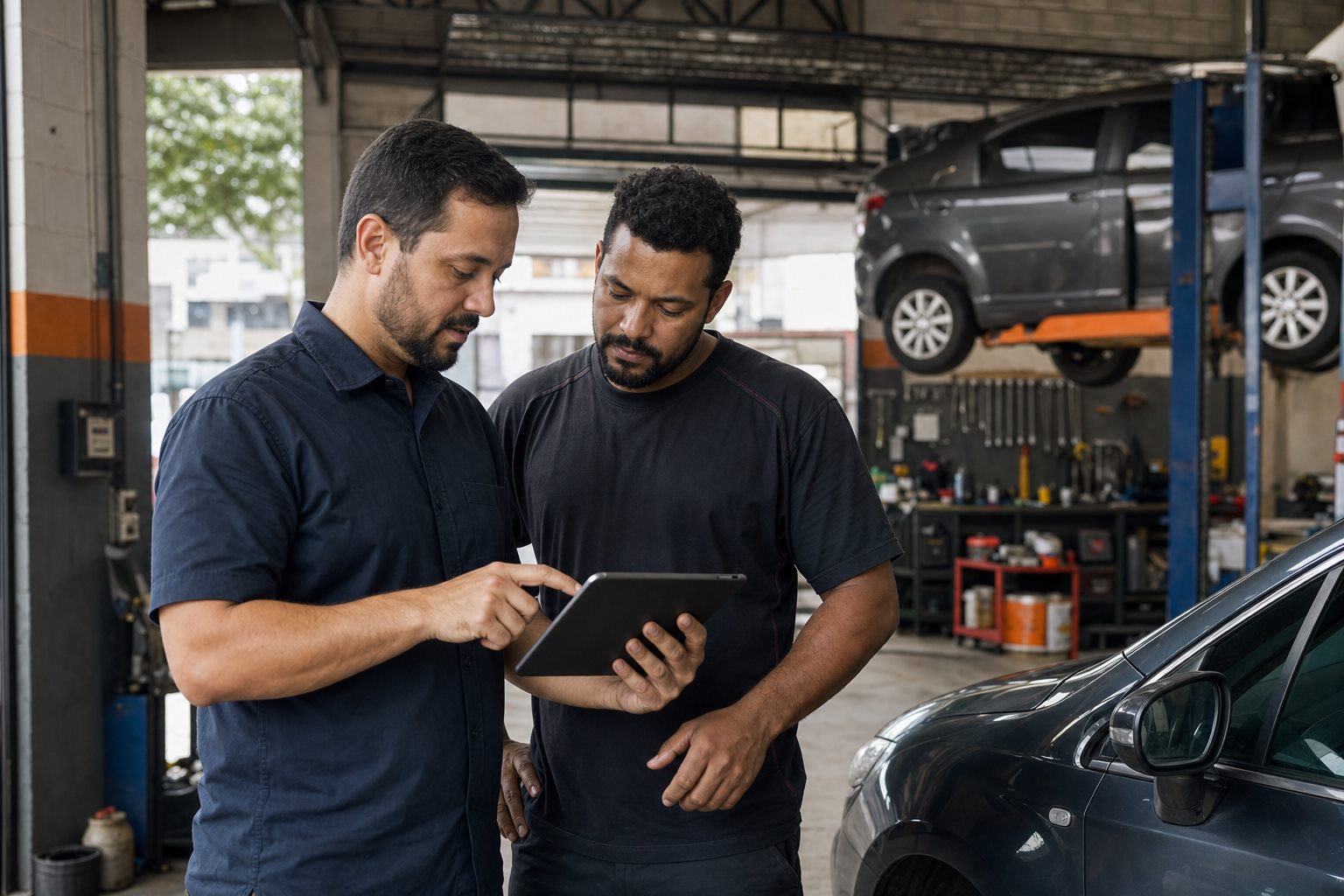 An independent auto repair shop team reviewing the day's work