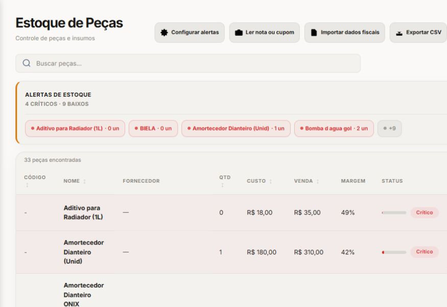 Tela de estoque do MecaLink com peças, fornecedor, quantidade, custo, venda, margem e status