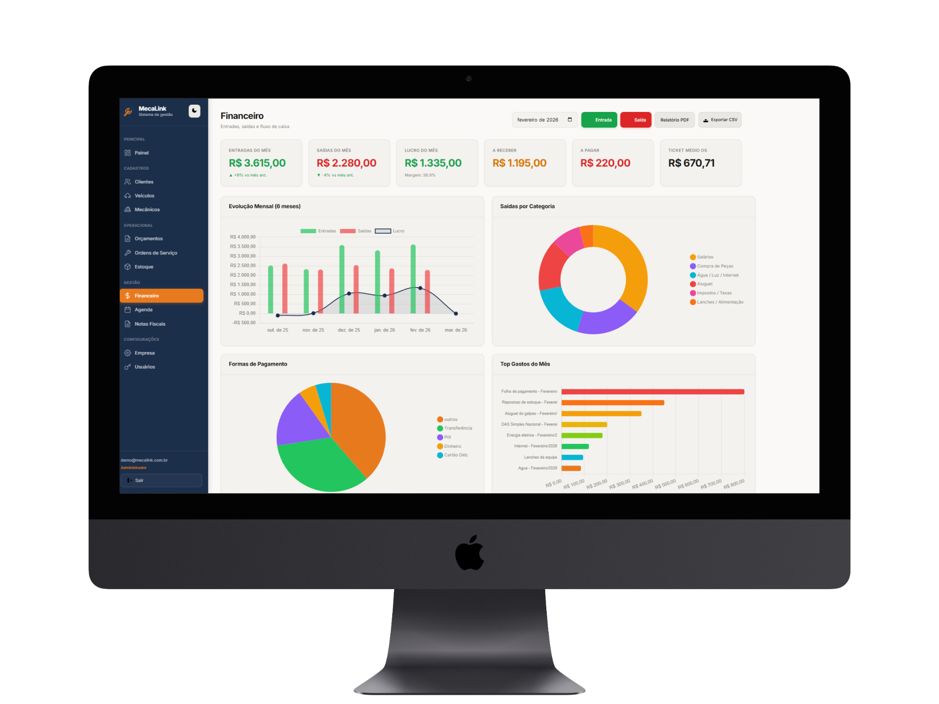MecaLink — Painel financeiro no desktop