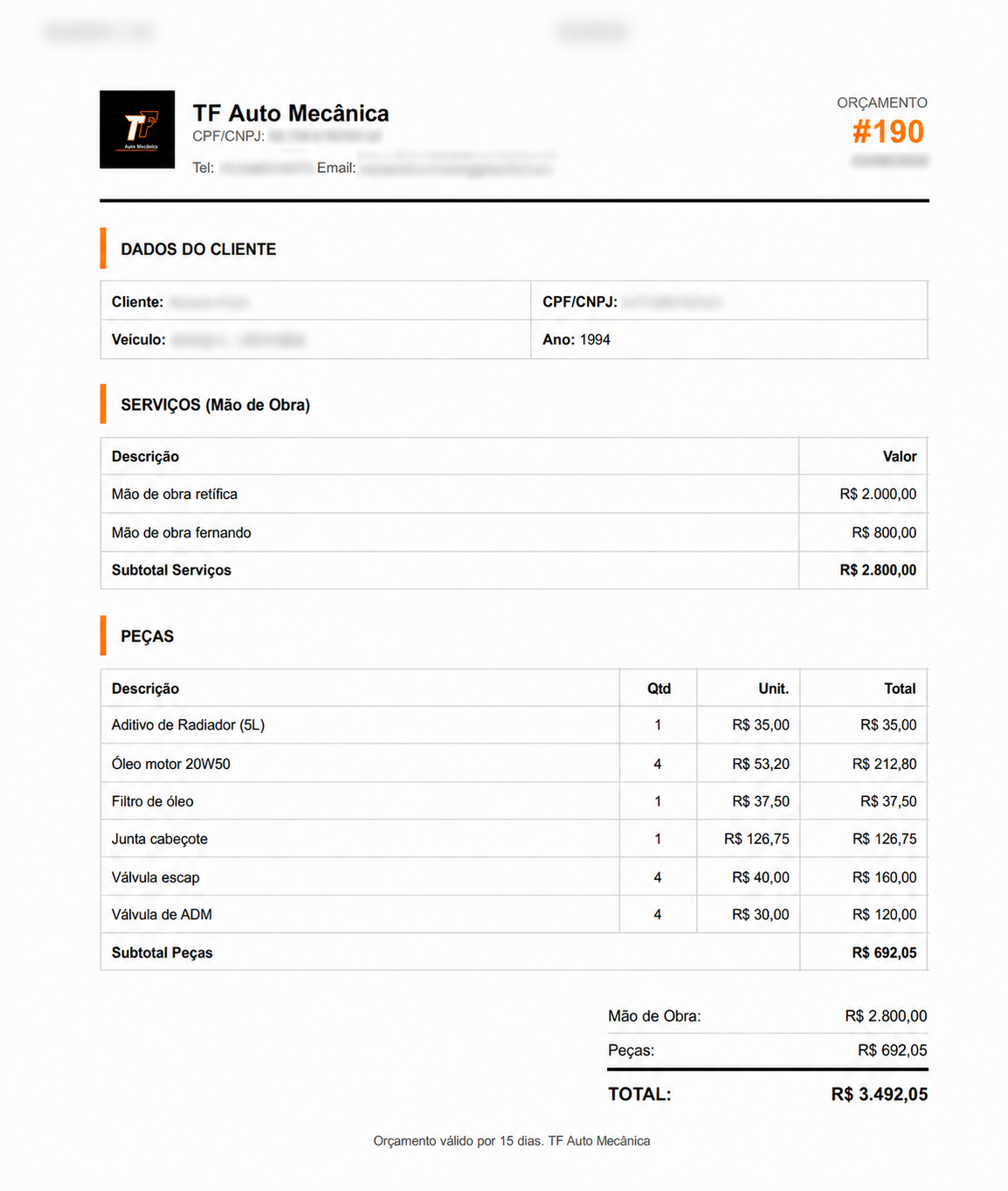 Exemplo de orçamento em PDF gerado pelo MecaLink com dados do cliente censurados
