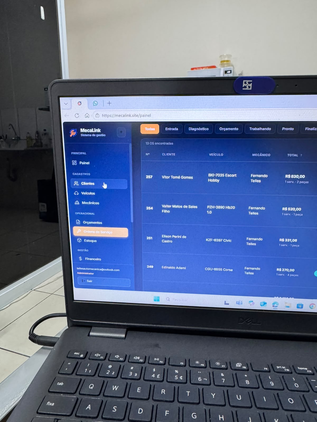 MecaLink aberto no computador da TF Auto Mec&acirc;nica em Vinhedo